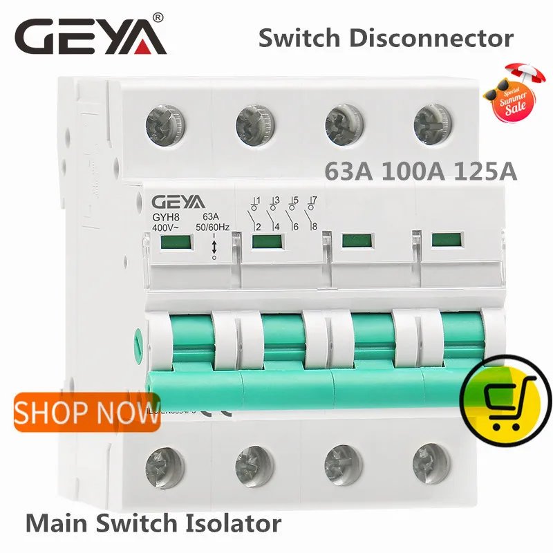 GEYA GYH8 Din Rail 4 полюса выключатель 400V главный 63A 100A 125A изолятор
