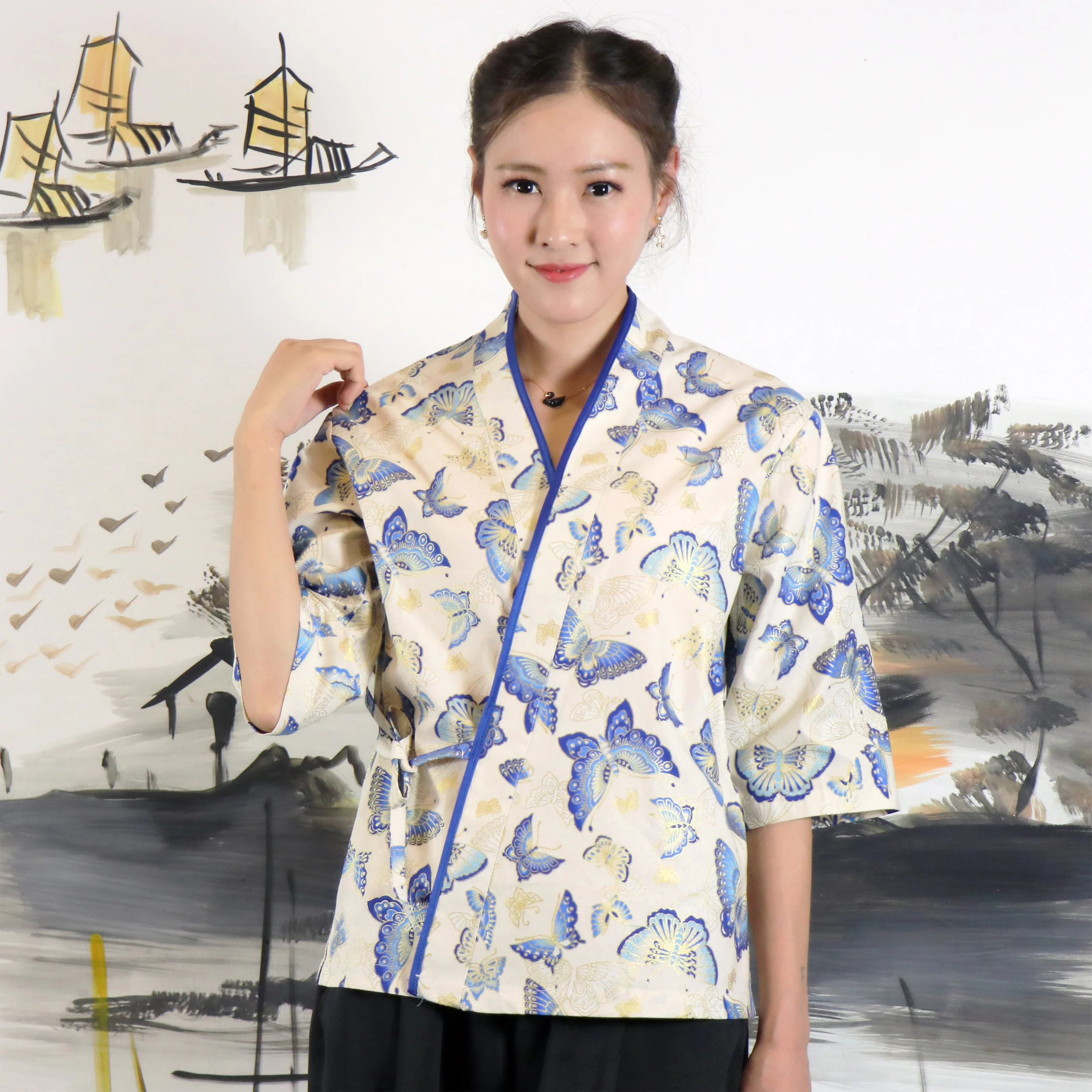 

Custom Japanese Style Women Chef Uniform Restaurant Cuisine Waitress Working Uniforms Kimono Sushi Cook Clothes Medium Sleeve