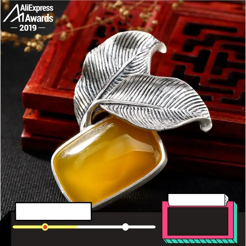 Большой S925 Стерлинговое Серебро Израиль Янтарная капля листьев педанты