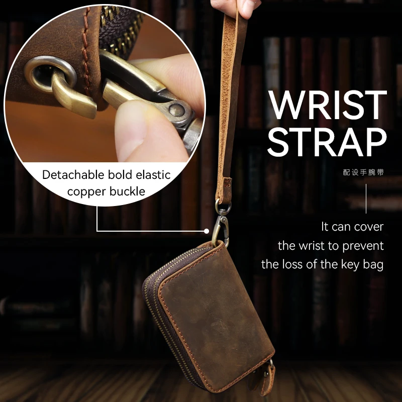 Classic Men's Coin Purse Handmade Genuine Leather Household Key Holder Wallet Double Zipper Card Slot Pouch Vintage Money Bag
