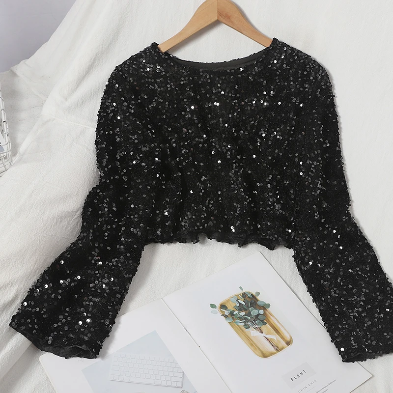 Women Autumn T Shirts Sequins O-Neck Long-sleeved Tee Temperament Young Lady Sweet Short Crop Top Female GX