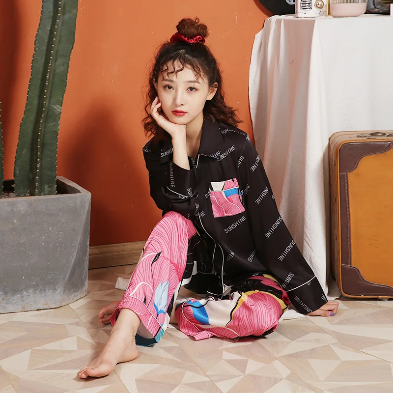 

Silk Pajamas for Women Spring and Autumn Long-sleeved Trousers Two-piece Set Korean Thin Fashion Lapel Home Suit Sleepwear Set