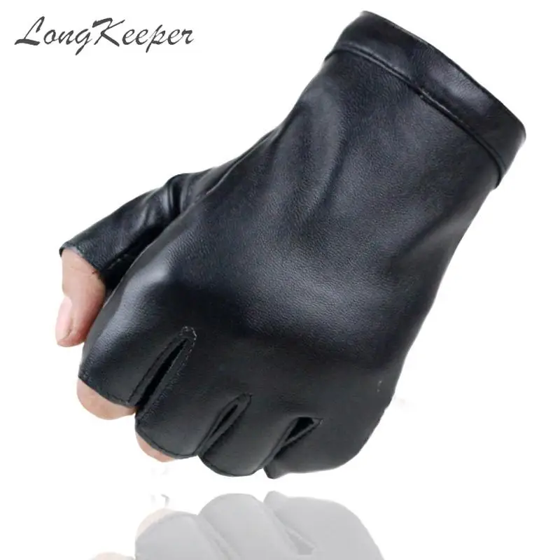 LongKeeper Mens Fingerless Leather Gloves Dancing Party Show Glove for Men Autumn Mittens Black Gold Silver Luvas SXJ139