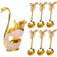 7pcs coffee dessert spoon set stainless steel gold swan base with ice cream spoons cafe bar spoon kit for mixing coffee fruit