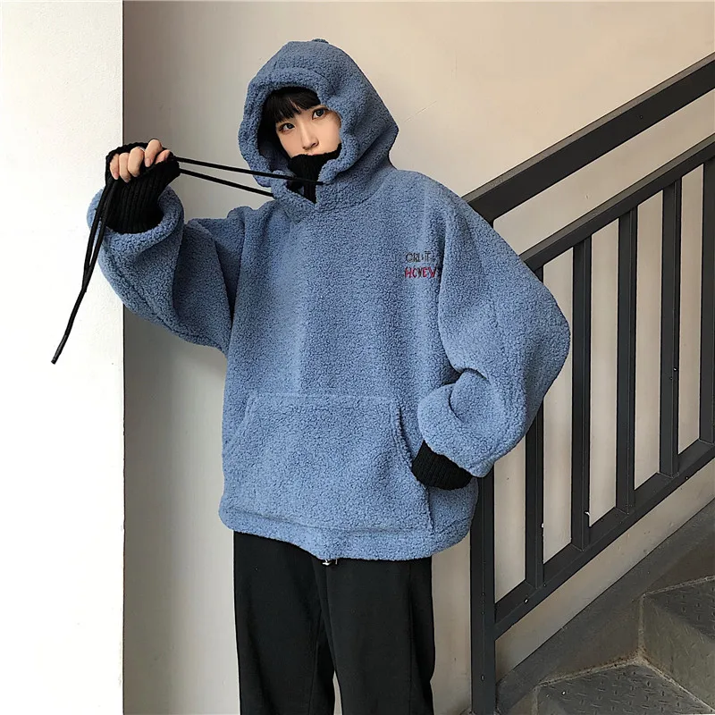 Корейский стиль instagram Harajuku винтажный овечьей шерсти с капюшоном Ulzzang женский