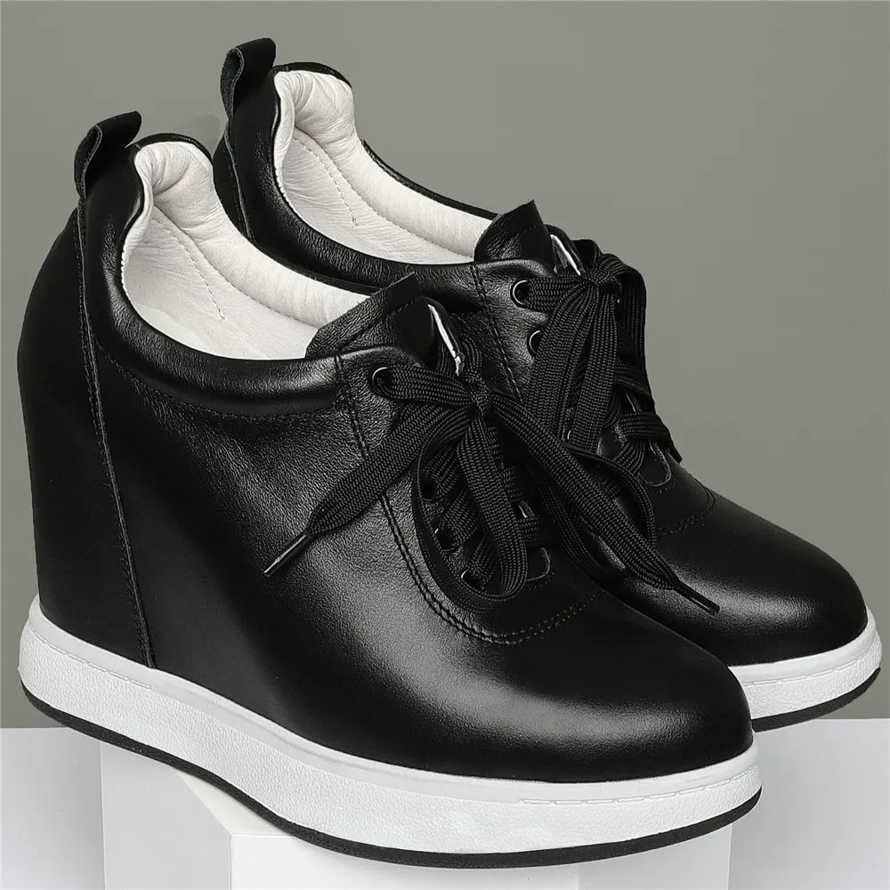 11cm High Heel Platform Oxfords Women Lace Up Genuine Leather Wedges Ankle Boots Female Round Toe Fashion Sneakers Casual Shoes