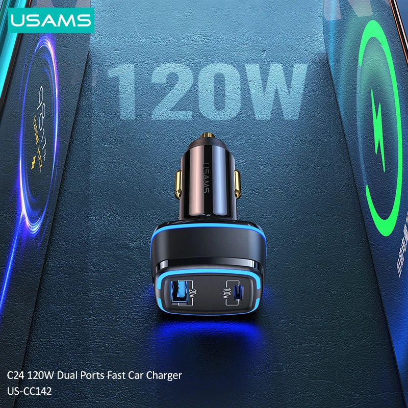 

USAMS 120W High Power PD QC3.0 Fast Charging Car Charger For iPhone Xiaomi Huawei Samsung Laptops Tablets USB Phone Charger