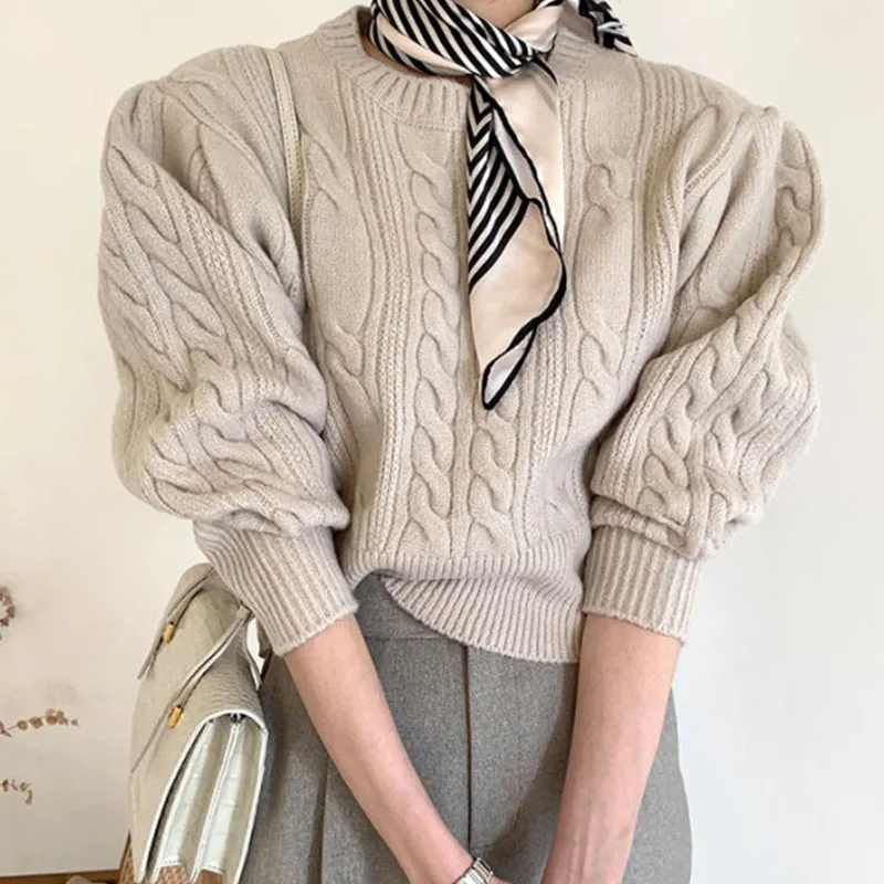 

Women's Casual Knitting Pullover Sweaters Solid O-Neck Puff Sleeves Twist Pattern Knitted Jumper Knitwear Winter Spring 2021