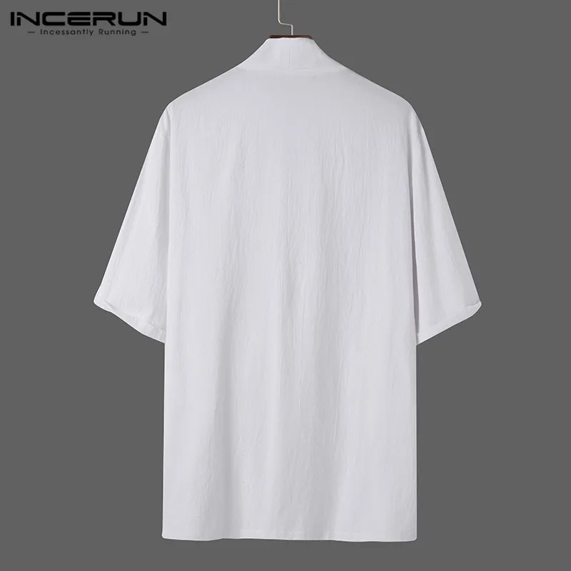 

Vintage Men Casual Shirts Solid Half Sleeve Streetwear Open Stitch Cardigan Tops Men 2021 Cotton Chinese Style Outerwear INCERUN