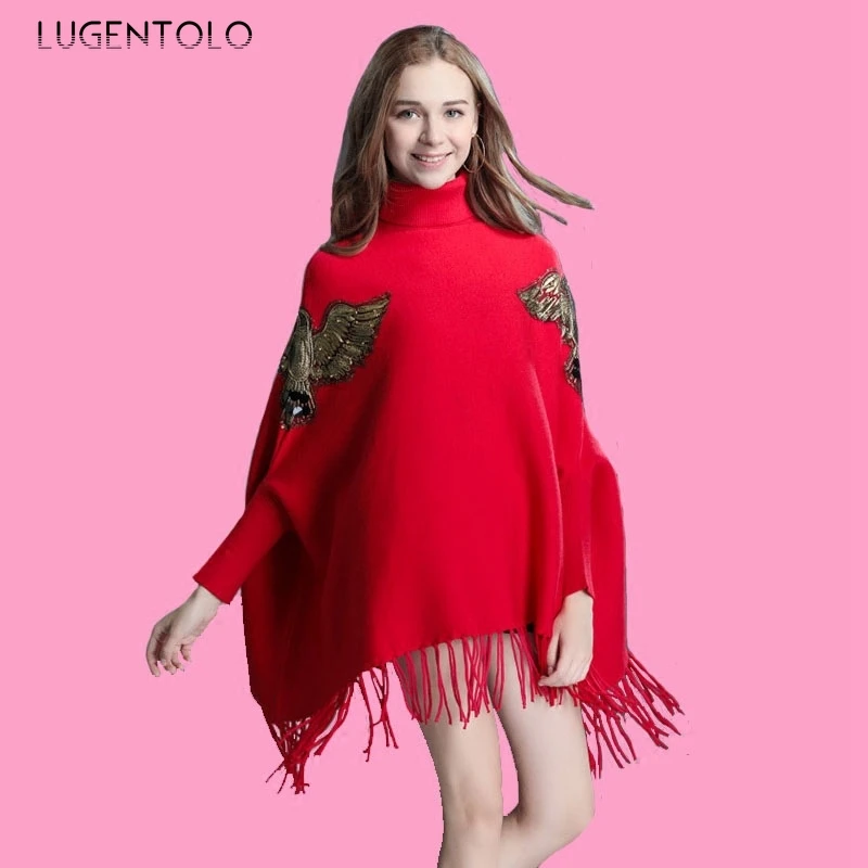 

Lugentolo Autumn Winter Women Eleagnt Cape Batwing Sleeve Turtleneck Embroidered Poncho Solid Tassled Female loose Cape Coat