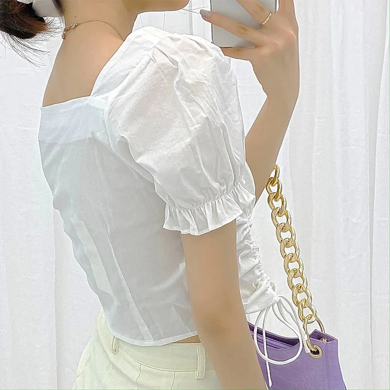 2021 summer new short sleeve drawstring blouse square collar front buttons design solid color tops shirts women | Женская одежда