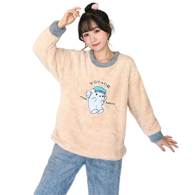 

Cute Cartoon Winter 2PCS Young Lady Pajamas Suit Casual O-Neck Top&Pant Nightwear Plush Thicken Sleepwear Warm Home Wear