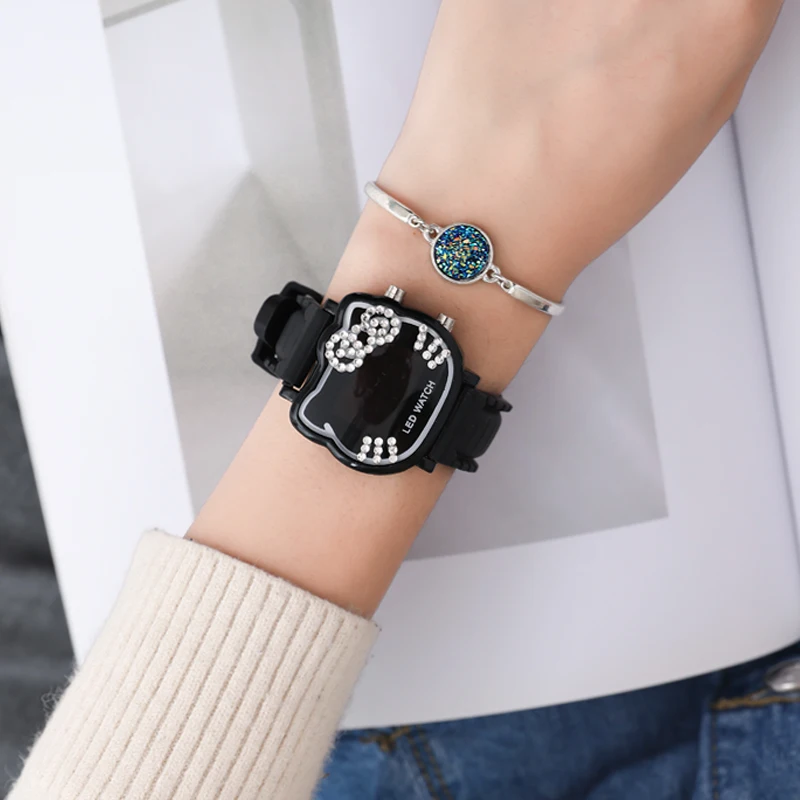 Часы Hello Kitty для женщин и детей женские наручные часы с кристаллами светодиодные