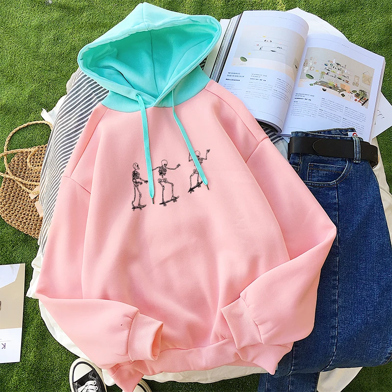 

New Fall Winter Clothes For Women Patchwork Fashion Hoodies Casual Korean Harajuku Skateboard Skeleton Graphics Print Sweatshirt