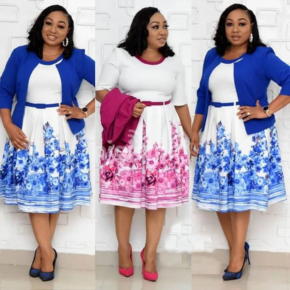 

2021 Hot Sale African And Turkey Style Plus Size Sashes Printed Coat And Dress Suit For Women