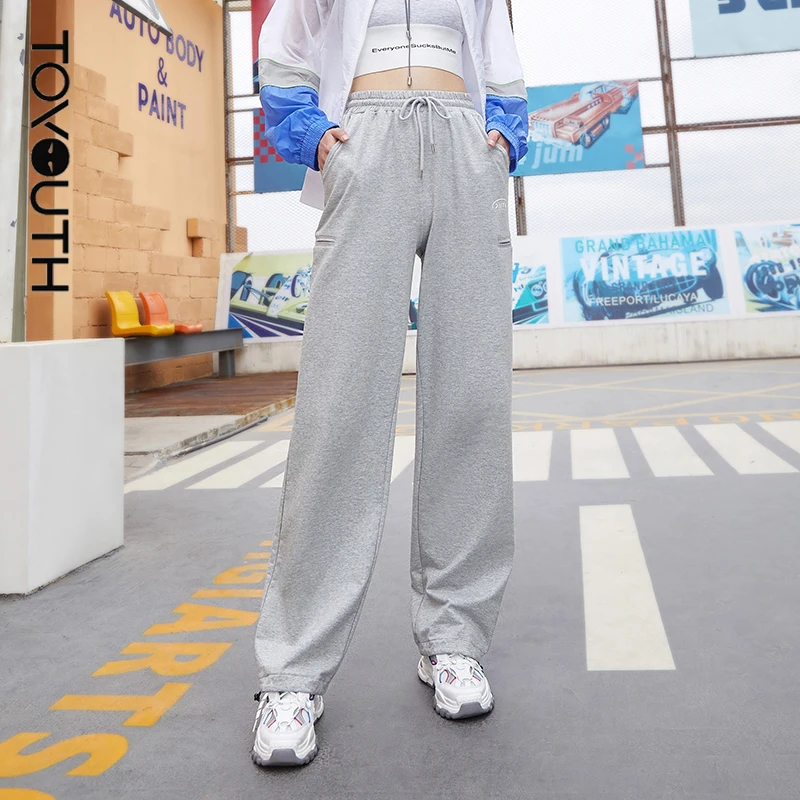 

Toyouth Women Trousers Summer Elastic High Waist Stragiht Leg Sweatpant Letters Print Solid Blue Gray Casual Sports