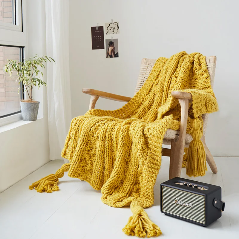 

Yellow Handmade Blankets Knitted Blanket Tassels High Quality Tassel Blanket Travel 130x160cm Home Sofa Chair Sofa Bed Sofa Pink