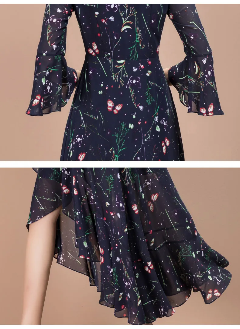 

V 2021 Spring Fashion Neck Floral Chiffon Dress Long for Women