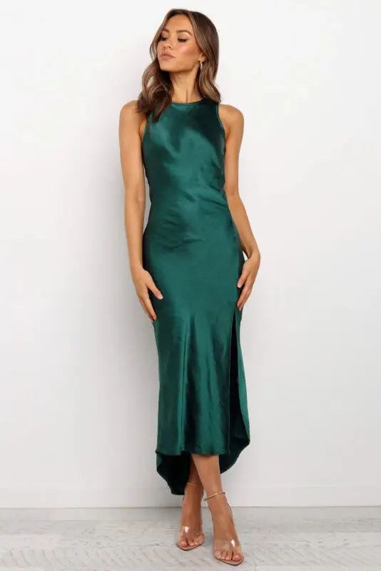 Женское атласное шелковое платье миди на бретельках летние облегающие вечерние