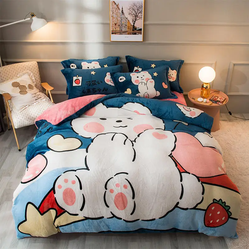 

Простой мультяшный комплект из 4 предметов с пододеяльником, бархатный Модный мягкий бархатный теплый комплект постельного белья с синими клетчатыми зелеными маленькими динозаврами