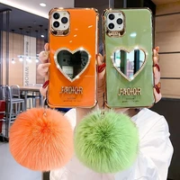 luxury brand love mirror with hair ball for iphone 12 pro max case orange bling diamond back cover for iphone 12 11 pro max x xr
