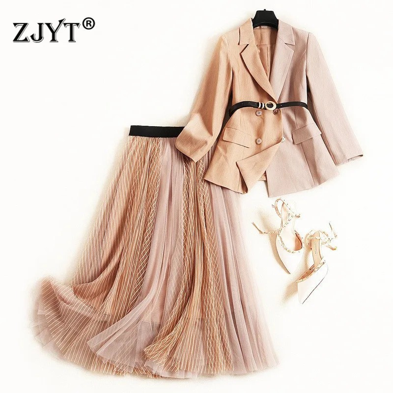 

2021 Spring Runway Designer Office Lady Two Piece Outfit Notched Blazer and Mid Mesh Skirt Suit Matching Set Party Twinset