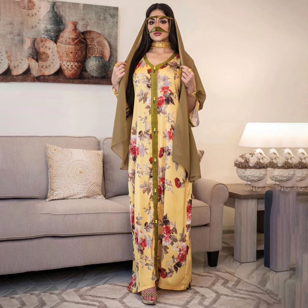 

Eid Mubarak 2021 New Muslim Fashion Women Elegant Abaya Dubai Turkey Evening Gowns Kaftan Dress Bohemian Floral Abayas Kimono