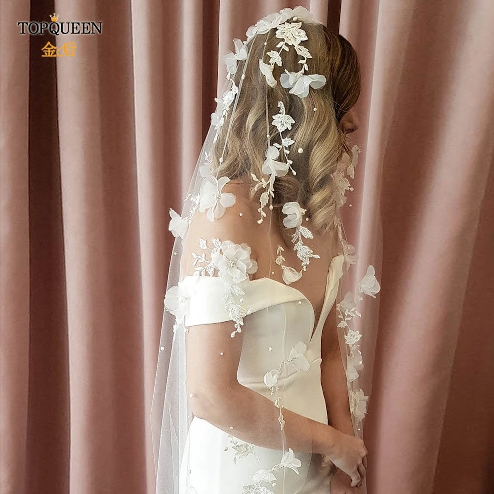 

TOPQUEEN V52 Beautiful 3M Cathedral Wedding Veil with 3D Flowers White Ivory Bride Marriage Tulle with Pearls for Women Wedding