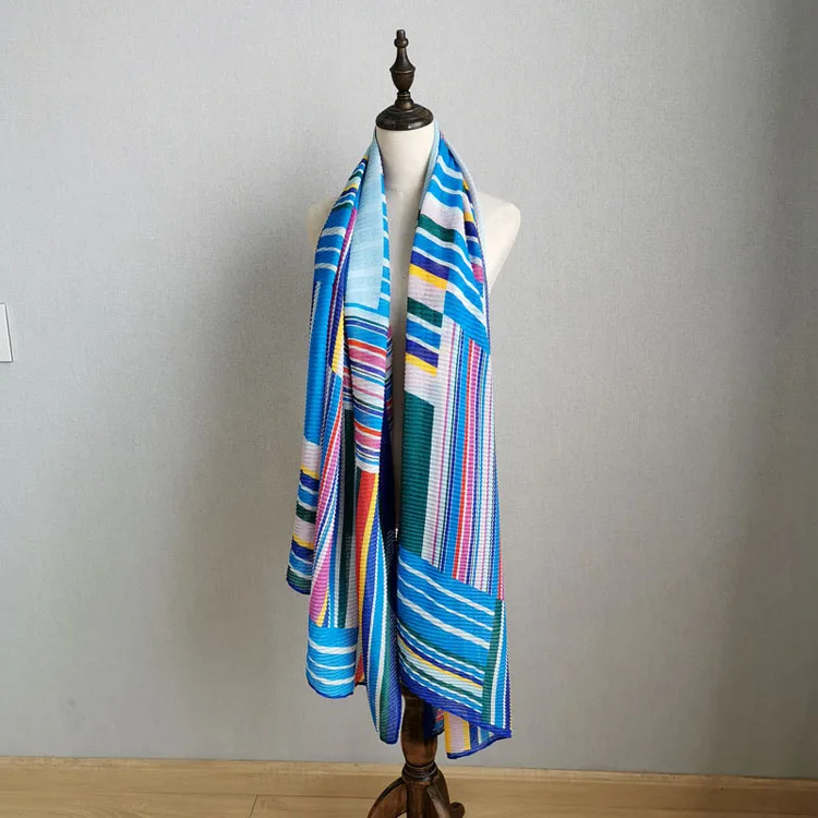 

HOT SELLING Miyake fold fashion Color stripes Autumn and winter new shawl scarf dual purpose Soft silk scarf shawl IN STOCK