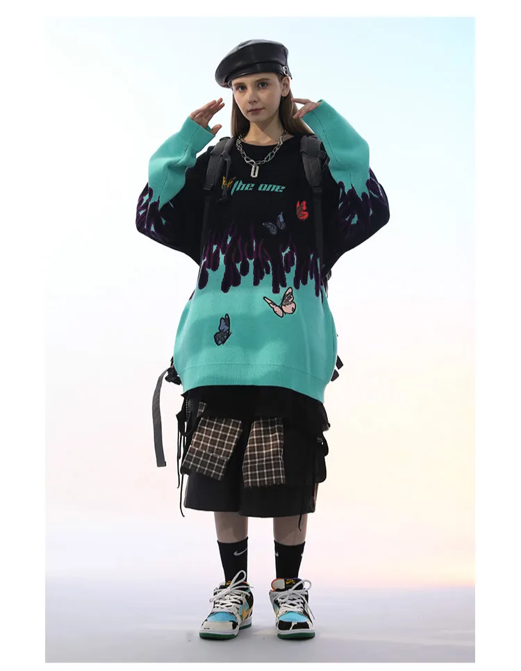 

High Street Knitted Sweater Pullovers Men Fashion Embroidery Butterfly Reflective Long Sleeve Loose Sweaters New Jumper Knitwear