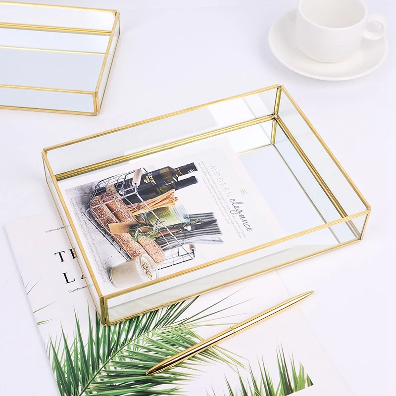 

2Pcs Nordic Retro Storage Tray Gold Rectangle Glass Makeup Organizer Tray Dessert Jewelry Display Home Kitchen Decor S&M