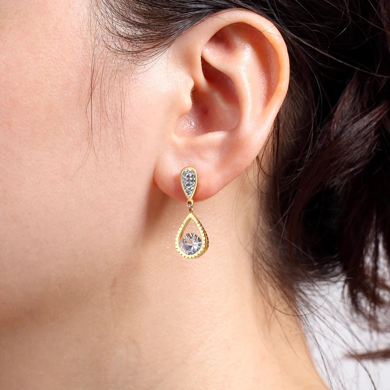 Water Drop Shape Crystal Drop Earrings in Stainless Steel - Beautiful Gold and Rose Gold Color Jewelry for Weddings and Gifts image 5