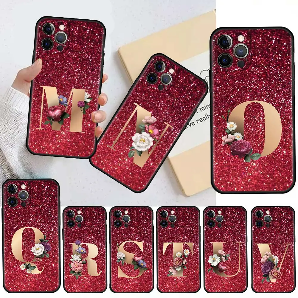 

Red 26 Letters Pink R M Case For Apple iPhone 13 11 12 Pro 7 XR X XS Max 8 6 6S Plus 5 5S SE 2020 13Pro Black Phone Cover Capa
