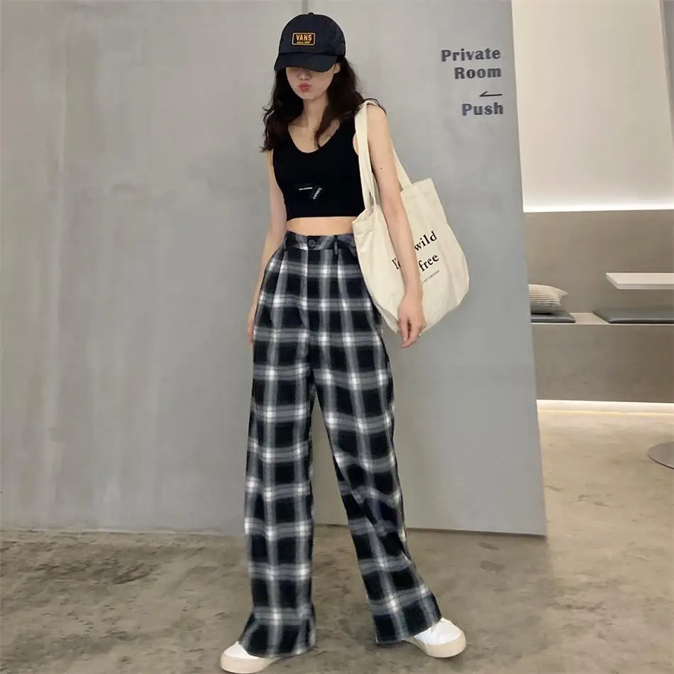 

Harajuku Vintage Black White Plaid Pants for Women Casual Loose High Waist Wide Leg Straight Trouser Streetwear Fashion Oversize