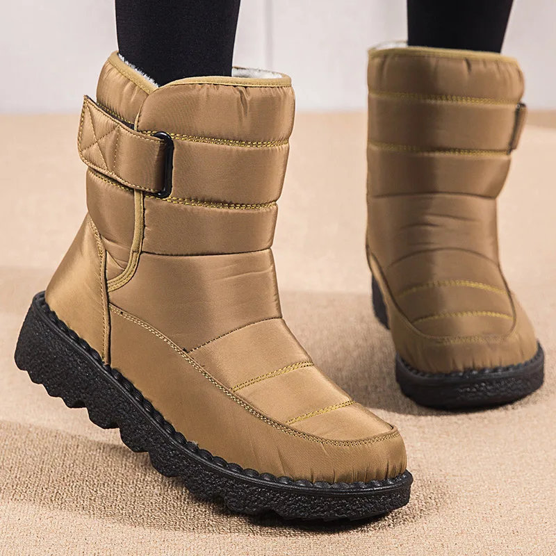 

2021 Winter Women's Boots Plus Velvet Warm Snow Boots Non-slip Waterproof Low-heel Nude Boots Velcro Casual Shoes Cotton Shoes