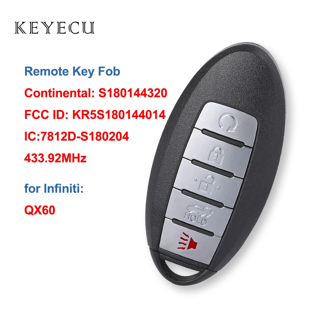 

Keyecu S180144320 дистанционный ключ-брелок от машины, 5 кнопок, 433,92 МГц, 4 а, чип для Infiniti QX60, 2016, 2017, 2018, идентификатор FCC: KR5S180144014