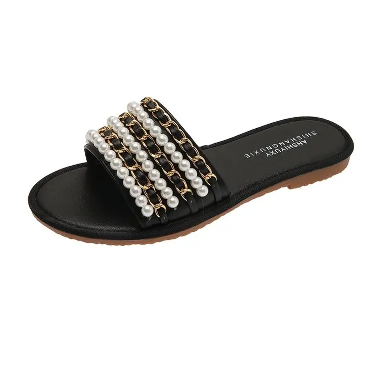 

Shoes Woman 2021 Slippers For Swimming Pool Pantofle String Bead Luxury Slides Beach Summer New Soft Designer Flat PU Rubber