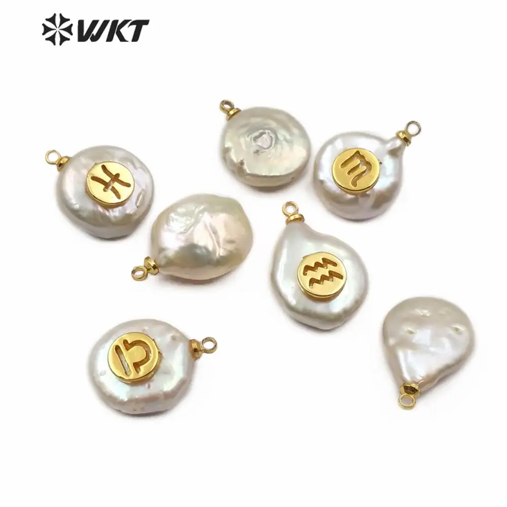 WT-JP161 twelve constellations gold pattern carved Pendant round shape pearl special gift for women Necklace Jewelry | Украшения и