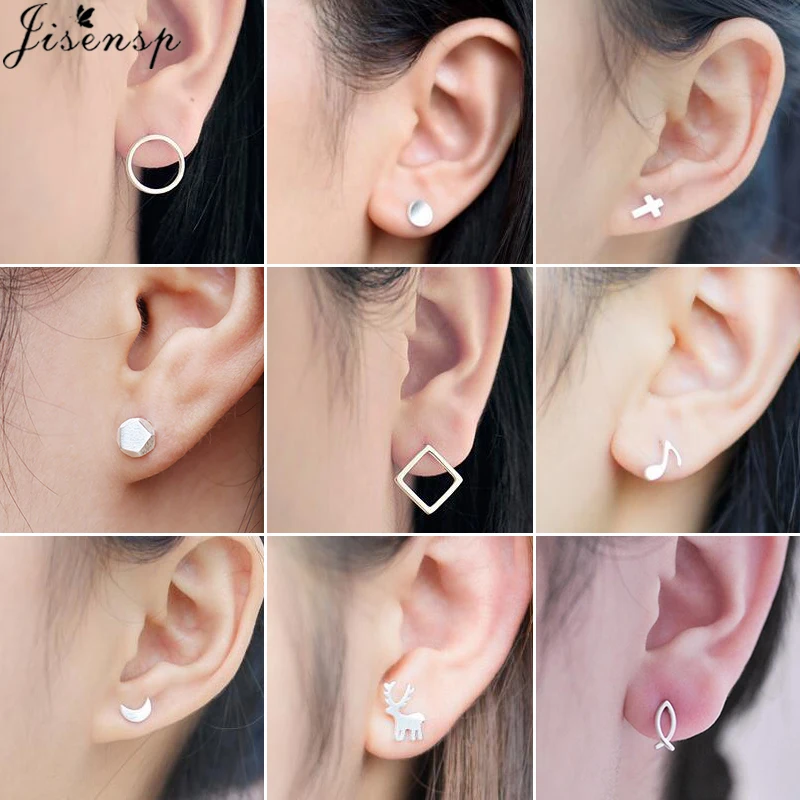 

Jisensp New Korean Geometric Stud Earrings Jewelry Small Round Square Fish Star Deer Earings for Women Kids New Year Gift