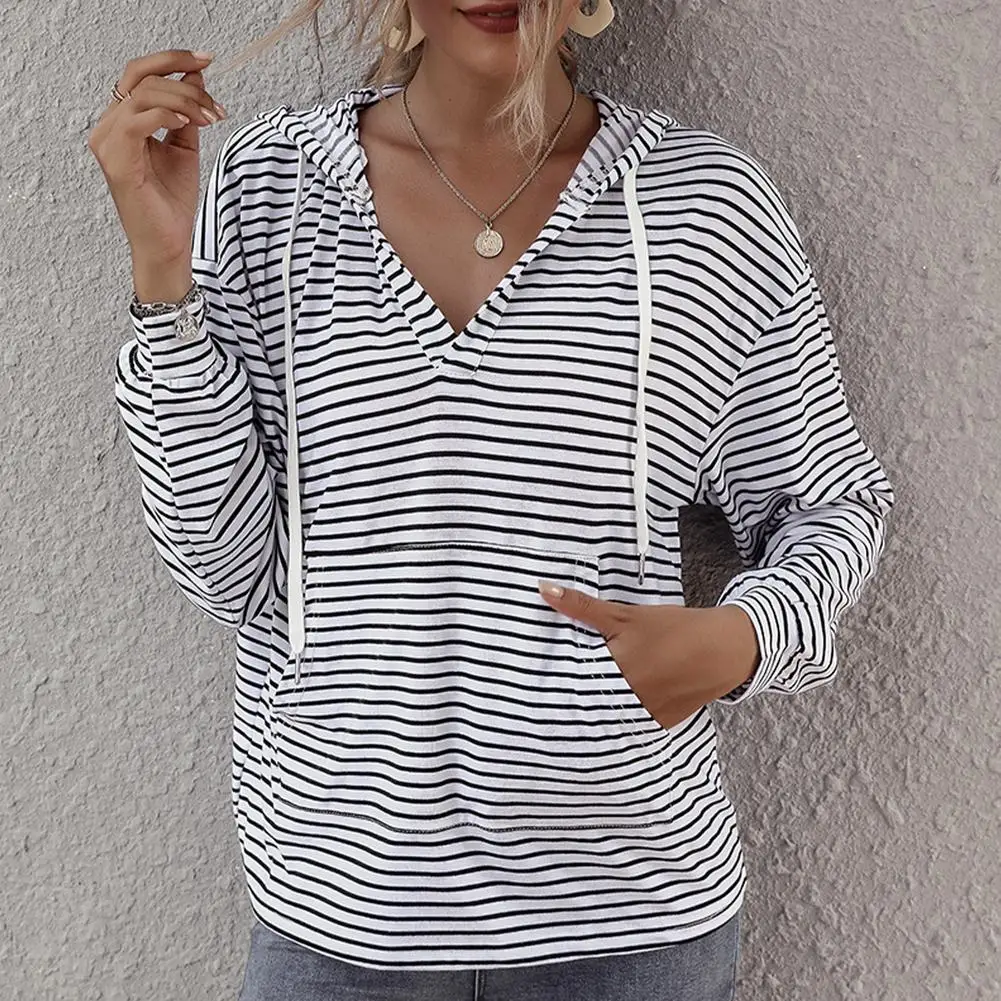 

2021 Women Casual Sweatshirts Long Sleeve V Neck Striped Loose Hoodies Unique Sweatshirt Striped Top Casual Chic