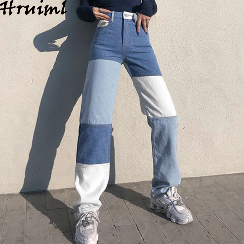 

Women's Jeans Pants High-waisted Denim Straight-leg Pants Stitching Pockets Hit Color Washed Blue Casual Loose Trousers New