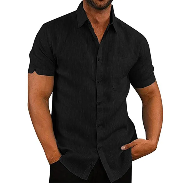 

Men's new plain color short-sleeved pocket lapel cotton linen shirt men's casual shirt men's top