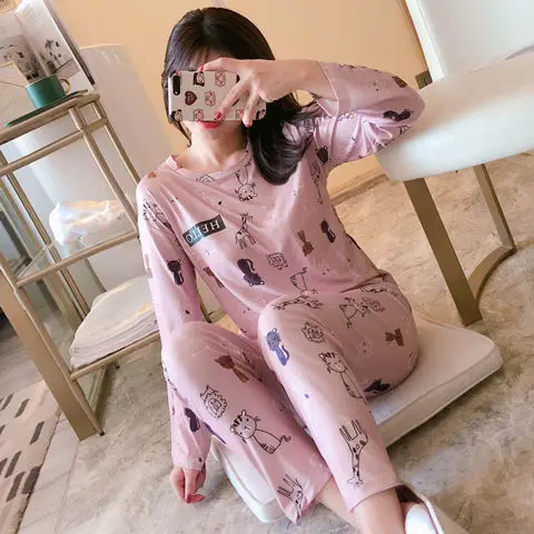 Pajamas suit Осенне-зимний пижамный комплект для женщин, полосатый хлопковый Длинный топ, длинные штаны, комплект из 2 предметов, пижамный комплект для женщин, милая одежда для сна, пижама для девочек - Color: Pajamas suit