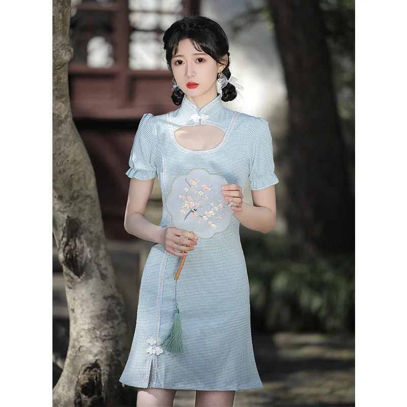 

Cheongsam Chinese Style Vintage Puff Sleeve Hollow Out Disc Button Stand Collar Slim Long Dresses Summer Gentle Elegant Dress