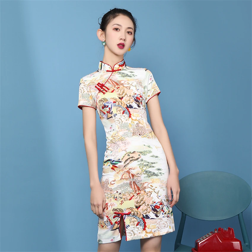 

Китайское платье, новинка 2020, Ципао, винтажное традиционное женское платье Ципао с принтом дракона, атласное вечернее праздничное платье