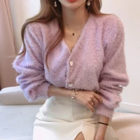chic fashion v neck single breasted mink short knitted sweaters outerwear women autumn long sleeve sweater coat cardigan women
