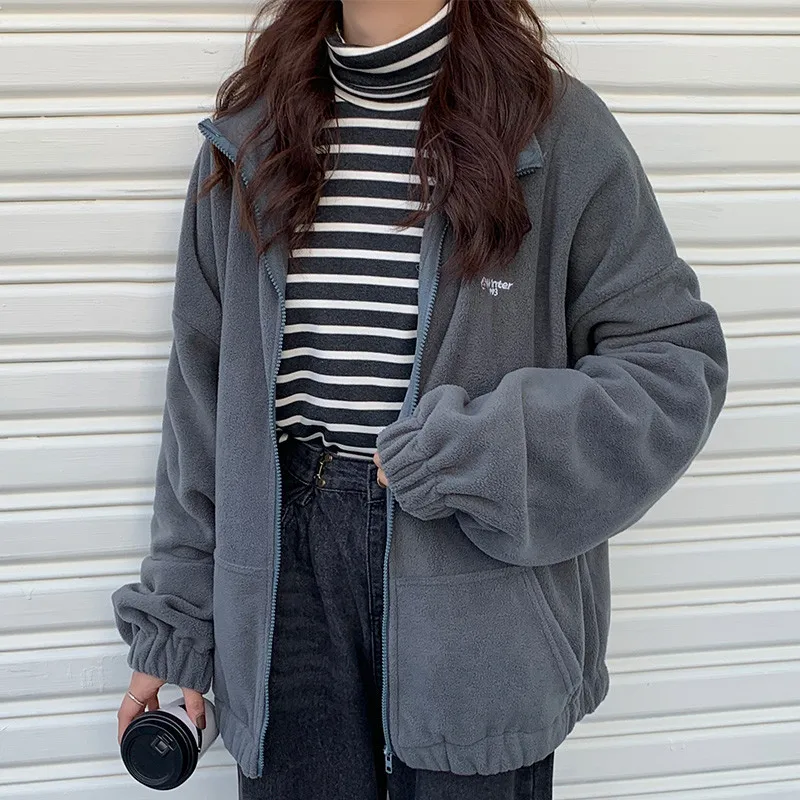 

Women Zipper Pocket Jackets Letter Printed Long Sleeve Loose Lapel Jackets Plus Velvet Casual Autumn Winter Street Sweatshirts