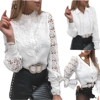 women sexy lace patchwork hollow out t shirt long sleeve crew neck button mesh design tops spring summer fashion white vintage
