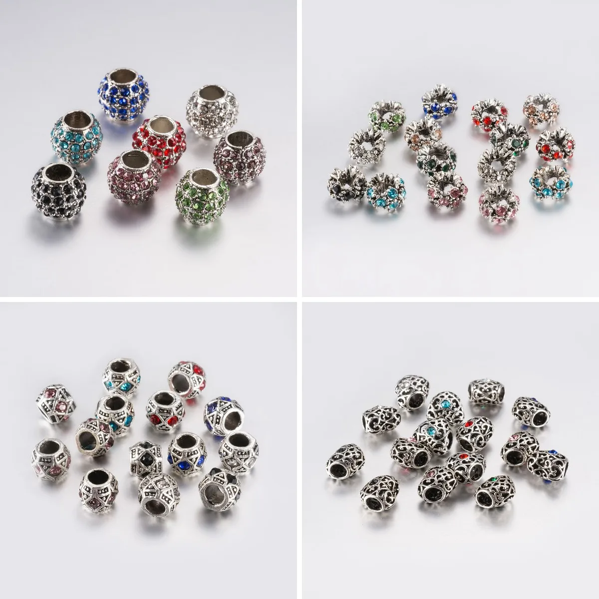 

10Pcs Mix Colors Metal Rhinestone Crystal Large Hole Beads European Bead Loose Spacer Charm For Bracelet DIY Jewelry Making