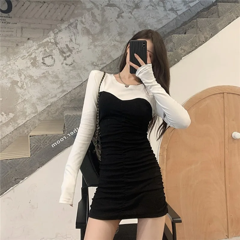 

Fashion Patchwork Bodycon Dress Evening Party Slim Long Sleeve O-neck Korean Mini-dresses for Women Clothing Spring Autumn New